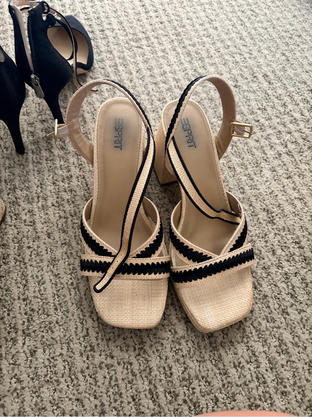 Esprit Beige Black Woven Raffia Block Heel Sandals